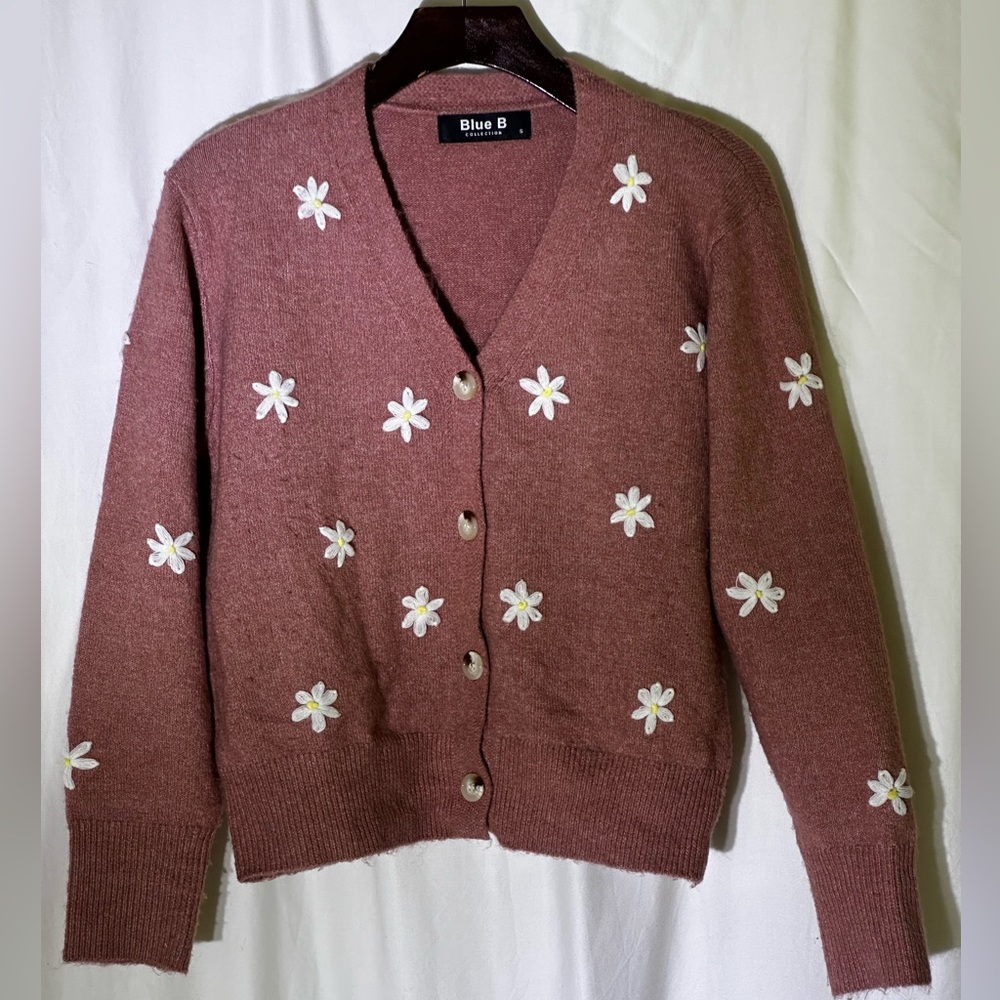 Floral Embroidered V-Neck Cardigan Sweater - Dusty Rose
